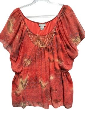 Silky Chiffon Knit Y2K Paisley Beaded Smock Peplum Babydoll Poncho Dolman Blouse